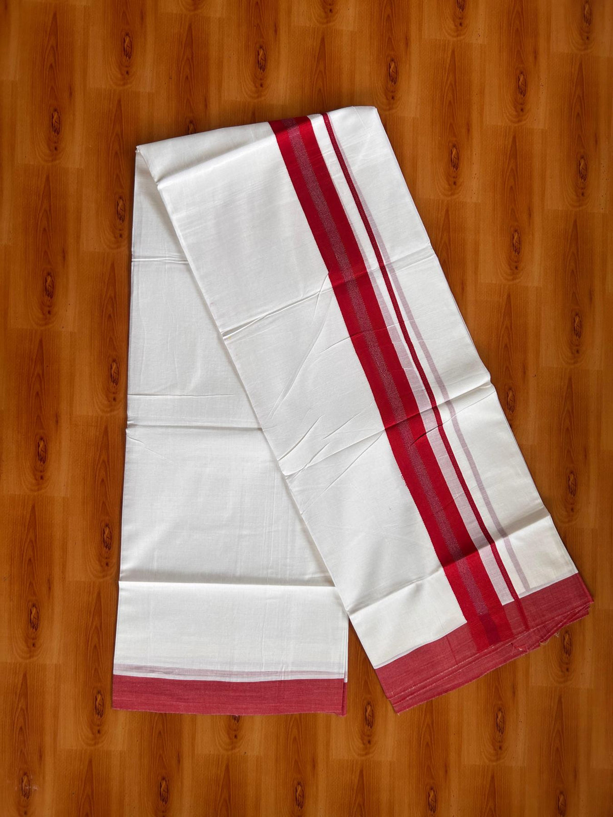 Pure White Double Mundu/Dhoti - 20% Discount ! Kaitharikada Pure Cotton - 100x80 - 1.5 inch Red striped Kara 3.80 mtr (8 muzham) - 72 KK5523 MC