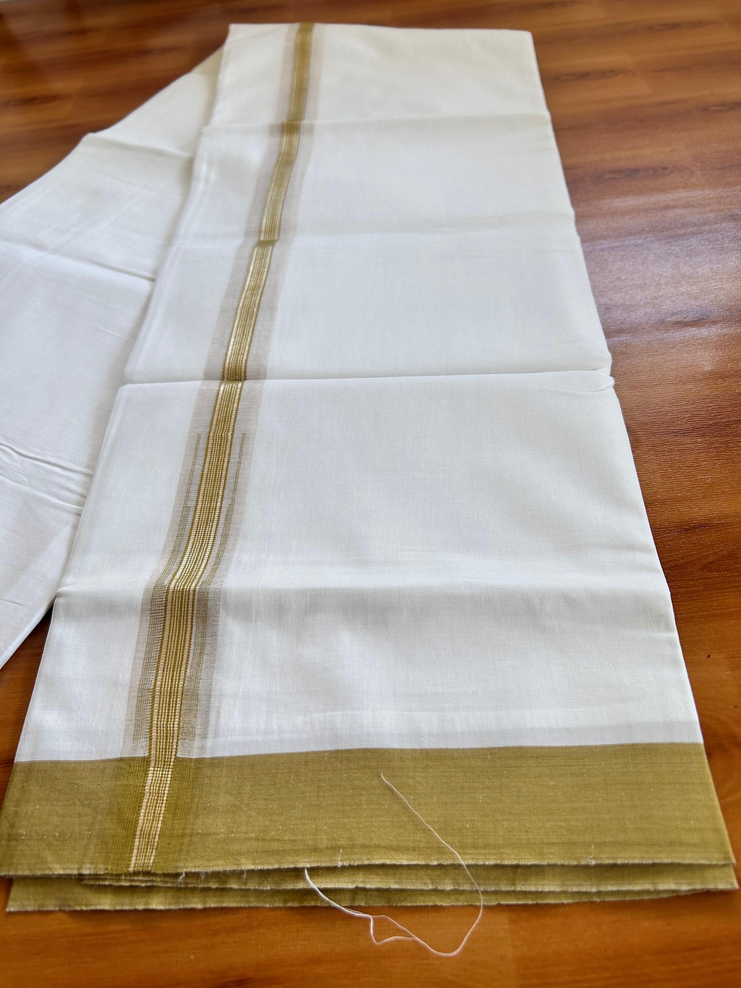 Double Pure White Mundu/Dhoti - 20% Discount !! KaithariKada Balaramapuram 100% Cotton - 100x80 - 1 inch Mustard Green Silver Kasav Stripes Chutty Kara 3.90 mtr (8.5 muzham) - 10 KK5490 VAS