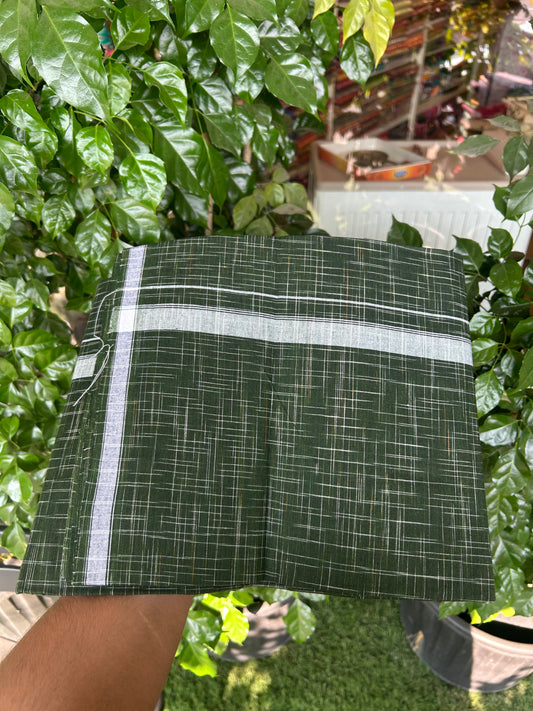 Premium Kathar Type Mund Pure cotton - Kaitharikada - Single Kaily / Lungi - 0.75 inch White Stripes kara Plain Border with Dark Green & White Stripes colour body (2 meter / 4 muzham) -  38 KK8050 MUT
