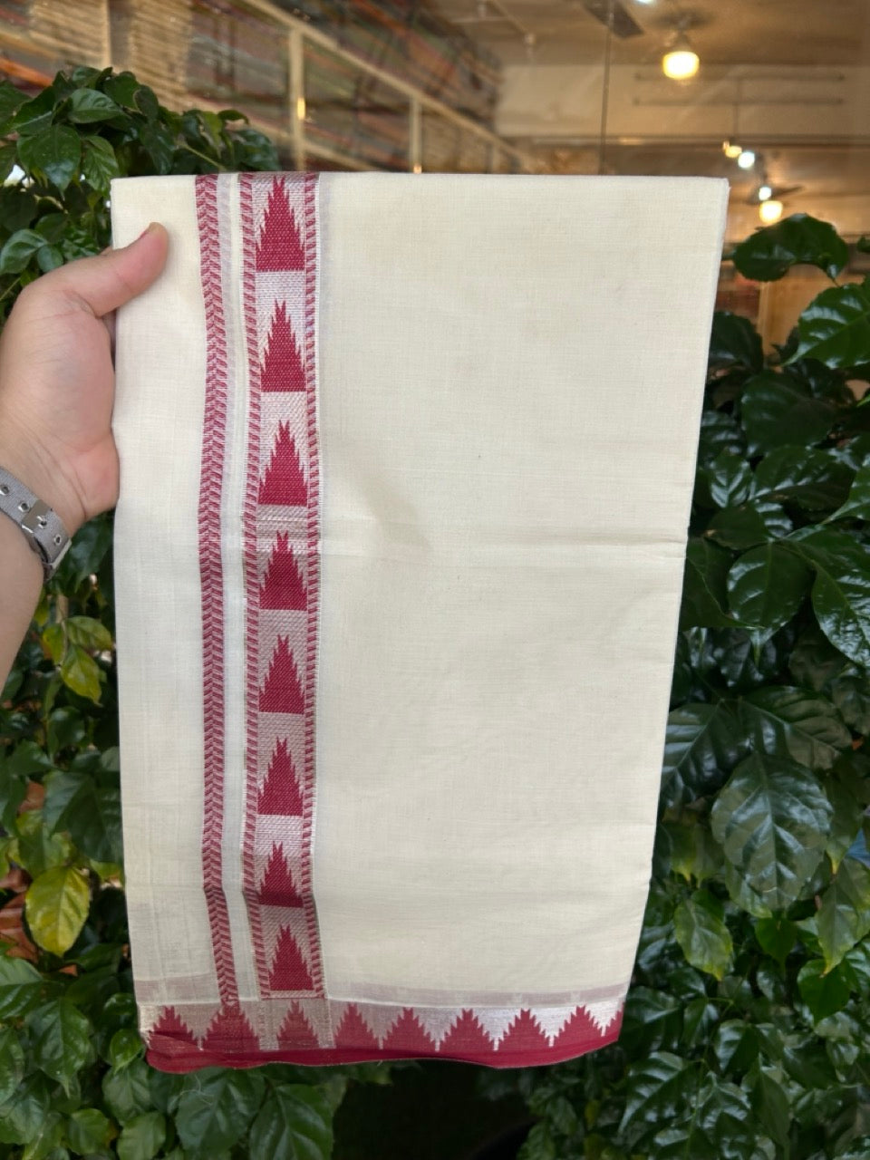 20% DISCOUNT ! KaithariKada Balaramapuram 100% Cotton Double off white  (Unbleached) Mundu/Dhoti - 100X80 - 1.25 inch Silver kasavu & Magenta Red Temple design kara - 1 KK5265 PMC