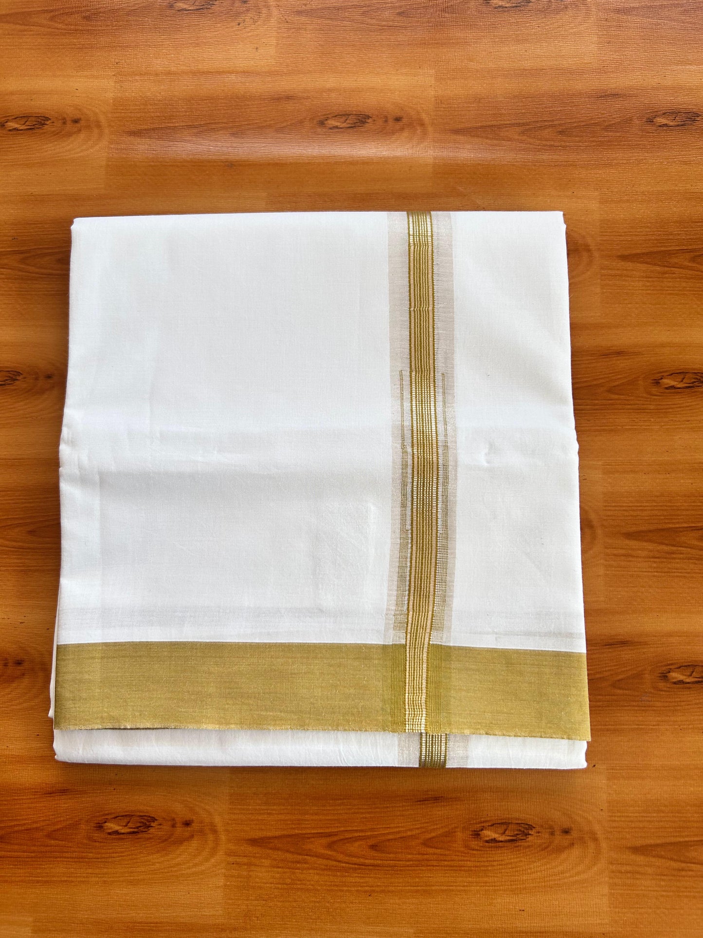 Double Pure White Mundu/Dhoti - 20% Discount !! KaithariKada Balaramapuram 100% Cotton - 100x80 - 1 inch Mustard Green Silver Kasav Stripes Chutty Kara 3.90 mtr (8.5 muzham) - 10 KK5490 VAS