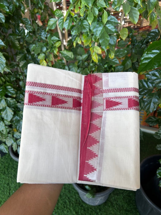 20% DISCOUNT ! KaithariKada Balaramapuram 100% Cotton Double off white  (Unbleached) Mundu/Dhoti - 100X80 - 1.25 inch Silver kasavu & Magenta Red Temple design kara - 1 KK5265 PMC