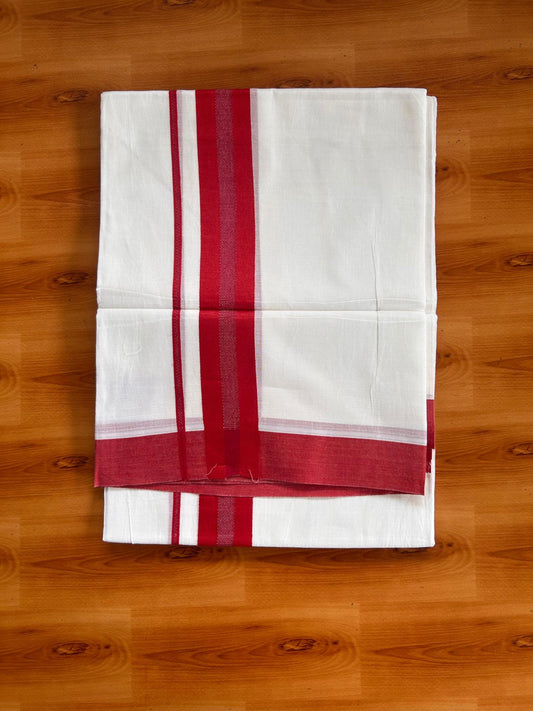 Pure White Double Mundu/Dhoti - 20% Discount ! Kaitharikada Pure Cotton - 100x80 - 1.5 inch Red striped Kara 3.80 mtr (8 muzham) - 72 KK5523 MC