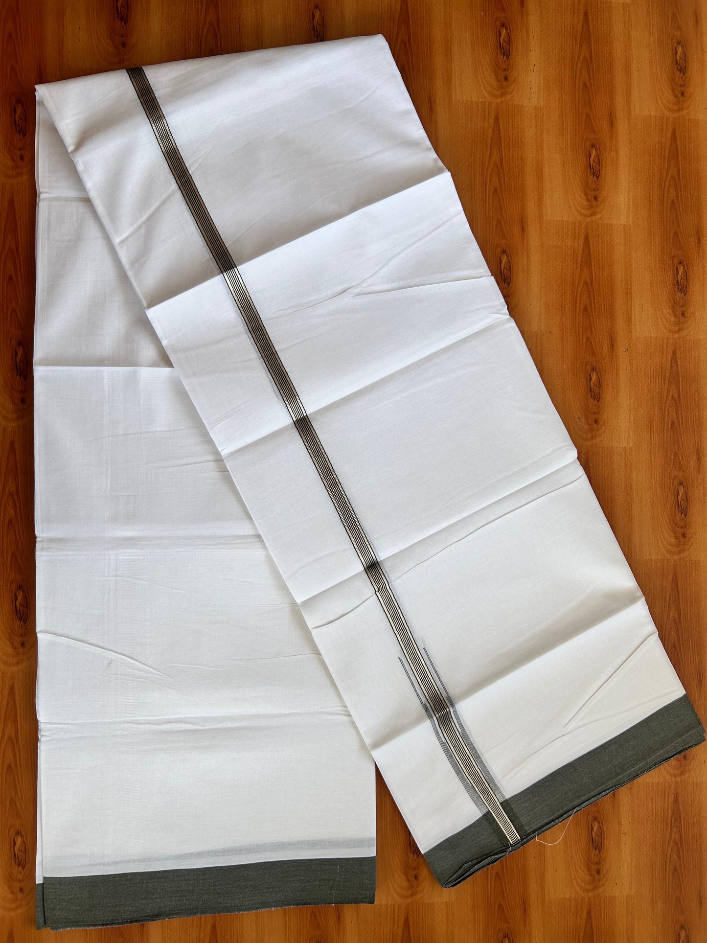 Double Pure White Mundu/Dhoti - 20% Discount !! KaithariKada Balaramapuram 100% Cotton - 100x80 - 1 inch Army Green Silver Kasav Stripes Chutty Kara 3.90 mtr (8.5 muzham) - 8 KK5490 VAS