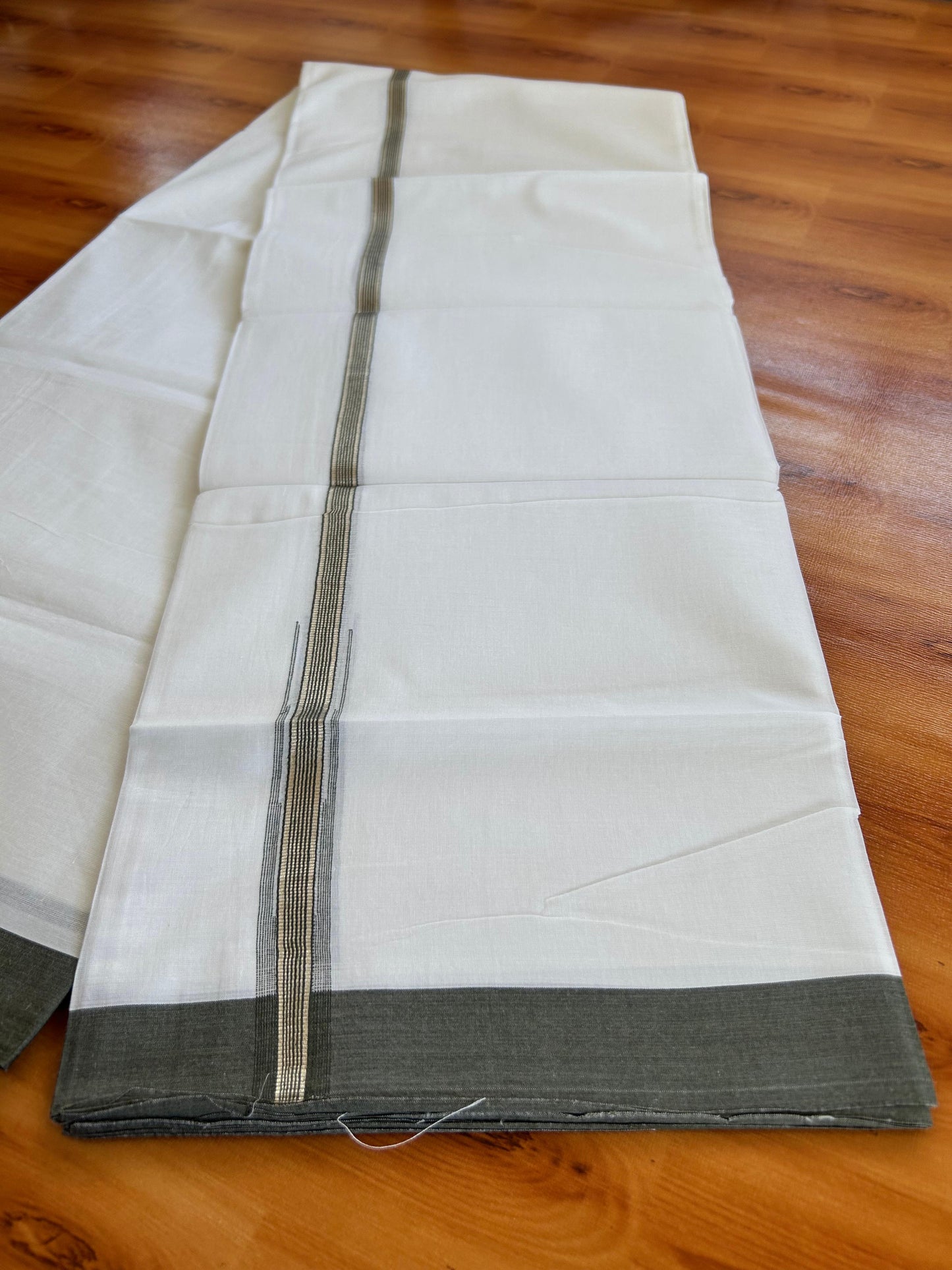 Double Pure White Mundu/Dhoti - 20% Discount !! KaithariKada Balaramapuram 100% Cotton - 100x80 - 1 inch Army Green Silver Kasav Stripes Chutty Kara 3.90 mtr (8.5 muzham) - 8 KK5490 VAS