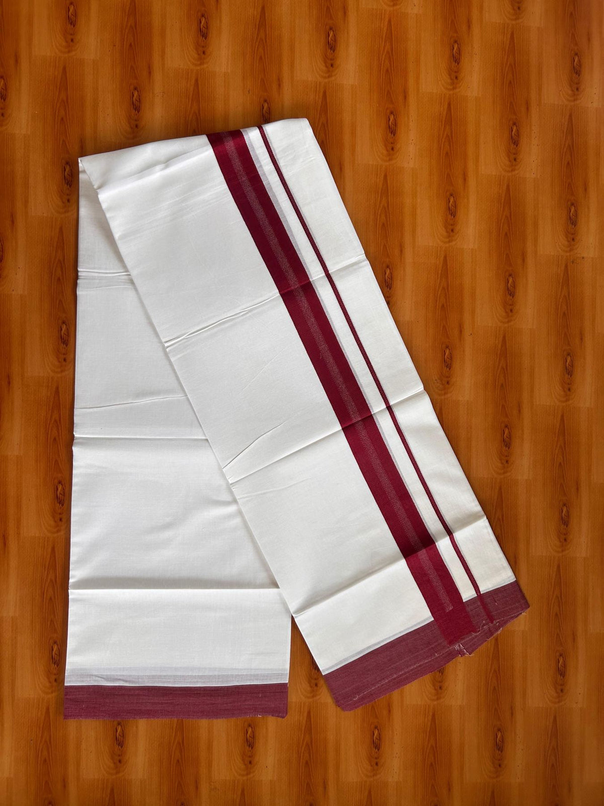 Pure White Double Mundu/Dhoti - 20% Discount ! Kaitharikada Pure Cotton - 100x80 - 1.5 inch Maroon striped Kara 3.80 mtr (8 muzham) - 73 KK5523 MC