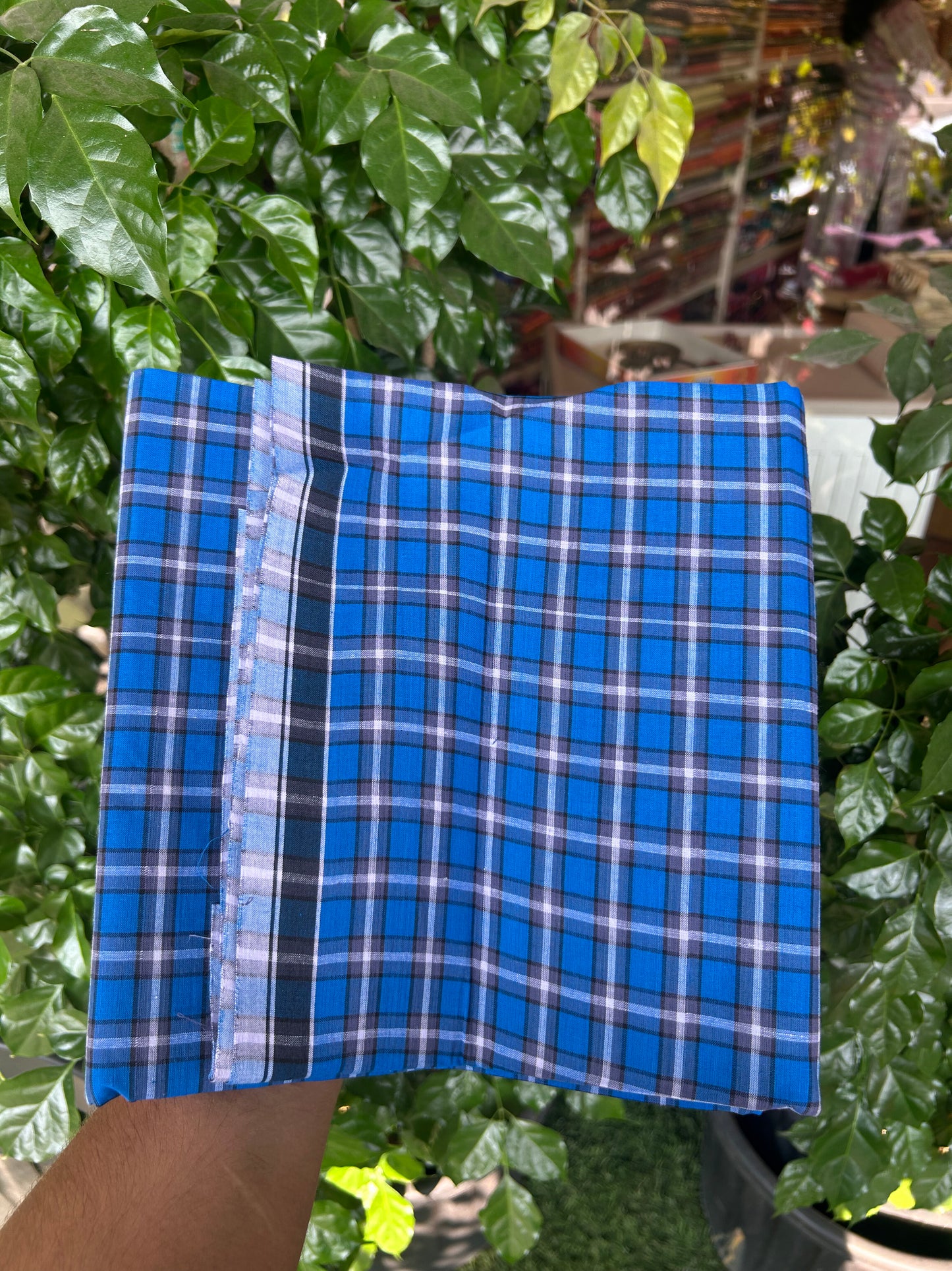 Premium Kathar Type Mund Pure cotton - Kaitharikada - Single Kaily / Lungi - 0.5 inch Black Border with Blue White & Grey Black Check body (2.50 meter / 5.36 muzham) - 12 KK8050 MUT