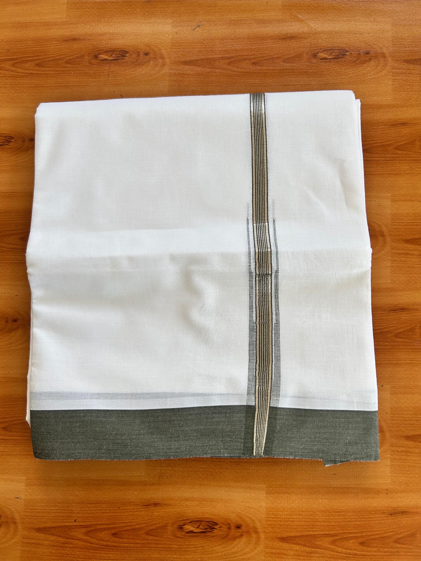 Double Pure White Mundu/Dhoti - 20% Discount !! KaithariKada Balaramapuram 100% Cotton - 100x80 - 1 inch Army Green Silver Kasav Stripes Chutty Kara 3.90 mtr (8.5 muzham) - 8 KK5490 VAS