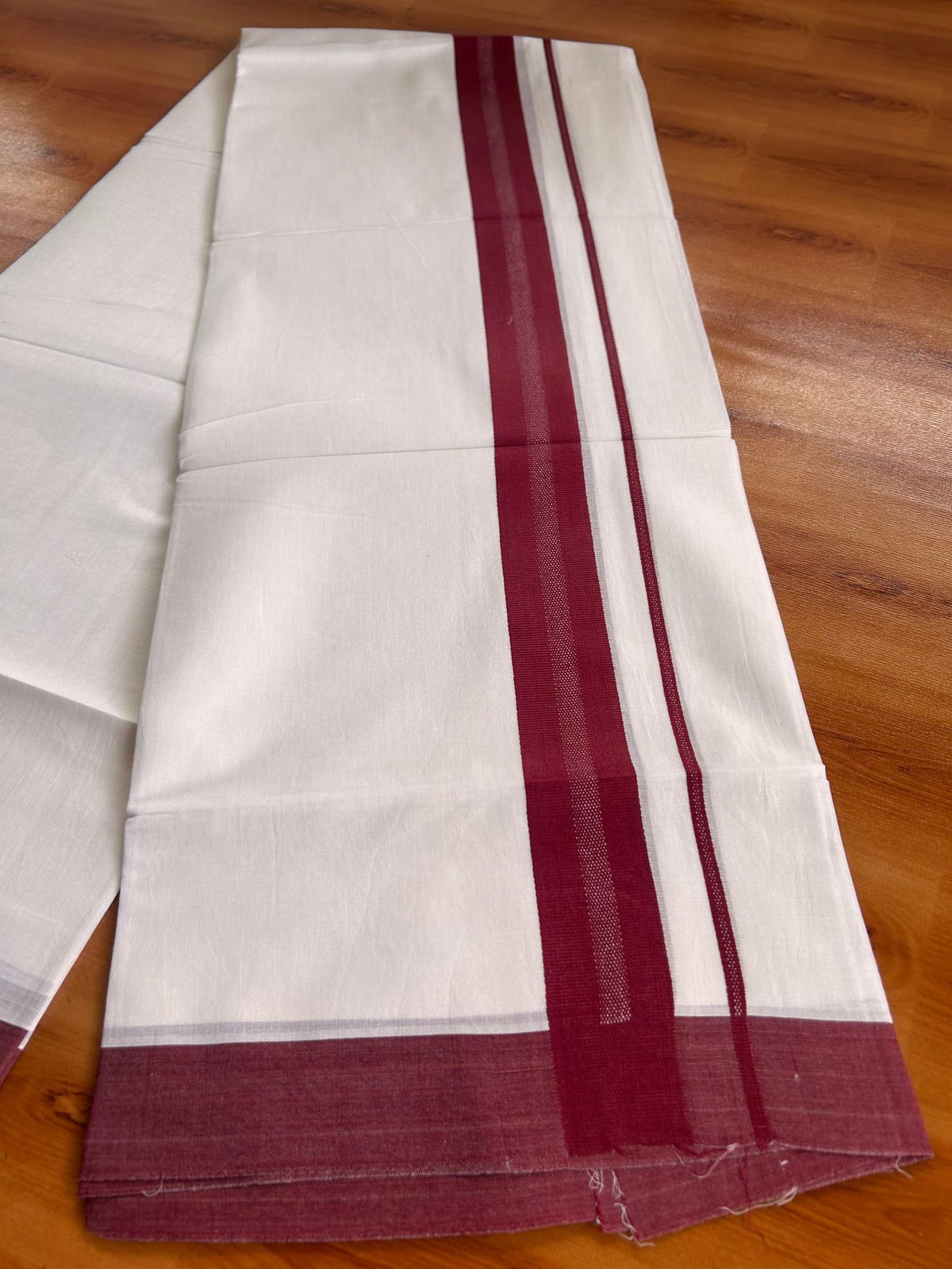 Pure White Double Mundu/Dhoti - 20% Discount ! Kaitharikada Pure Cotton - 100x80 - 1.5 inch Maroon striped Kara 3.80 mtr (8 muzham) - 73 KK5523 MC