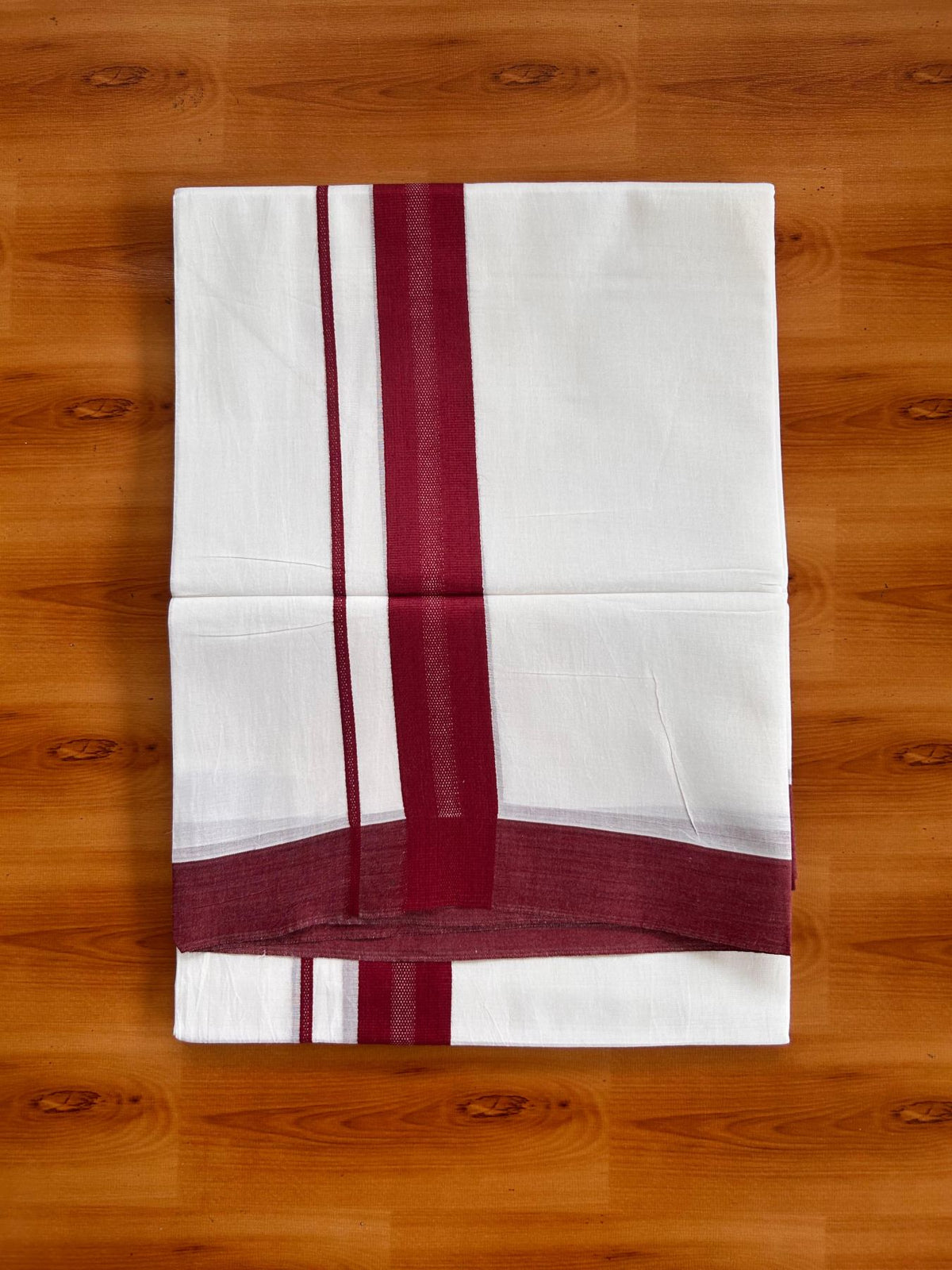 Pure White Double Mundu/Dhoti - 20% Discount ! Kaitharikada Pure Cotton - 100x80 - 1.5 inch Maroon striped Kara 3.80 mtr (8 muzham) - 73 KK5523 MC