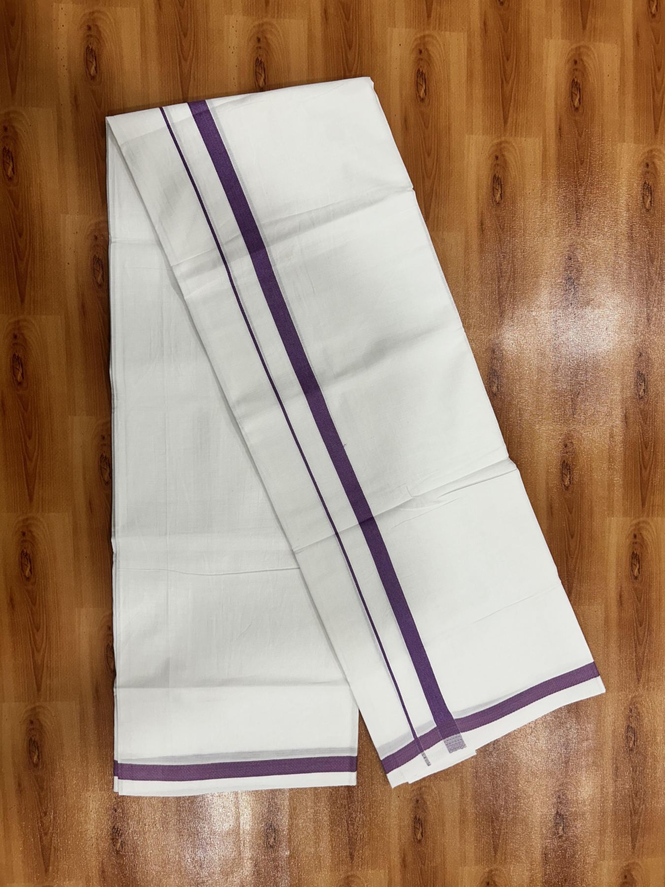 Single Pure White Mundu/Dhoti - KaithariKada Balaramapuram Pure Cotton - 70x30 - 0.5 Inch Violet Kara 1.90 mtr (4 muzham) - 3 KK5418 PMC