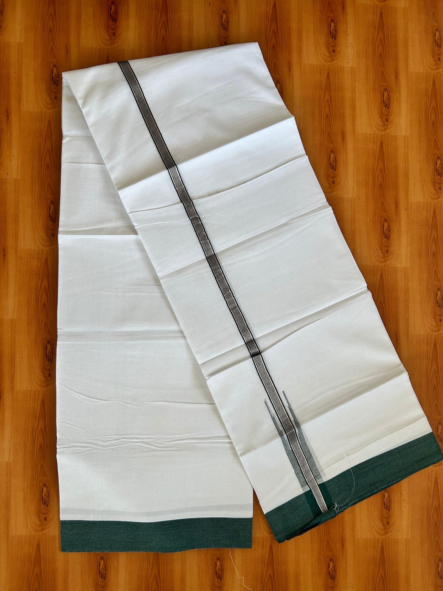 Double Pure White Mundu/Dhoti - 20% Discount !! KaithariKada Balaramapuram 100% Cotton - 100x80 - 1 inch Dark Green Silver Kasav Stripes Chutty Kara 3.90 mtr (8.5 muzham) - 9 KK5490 VAS