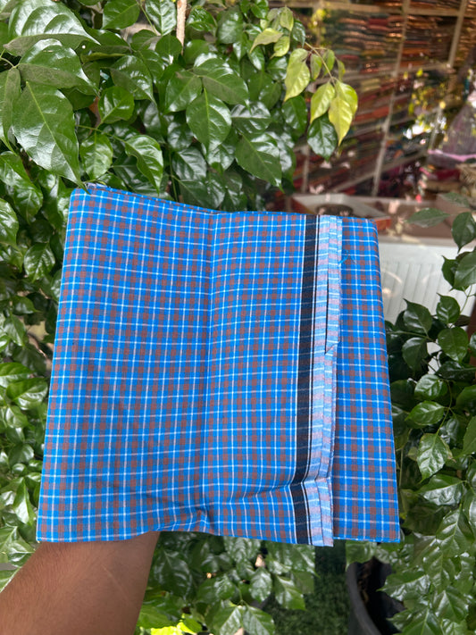 Premium Kathar Type Mund Pure cotton - Kaitharikada - Single Kaily / Lungi - 0.5 inch Black Border with Blue White & Brown Check body (2.50 meter / 5.36 muzham) - 8 KK8050 MUT