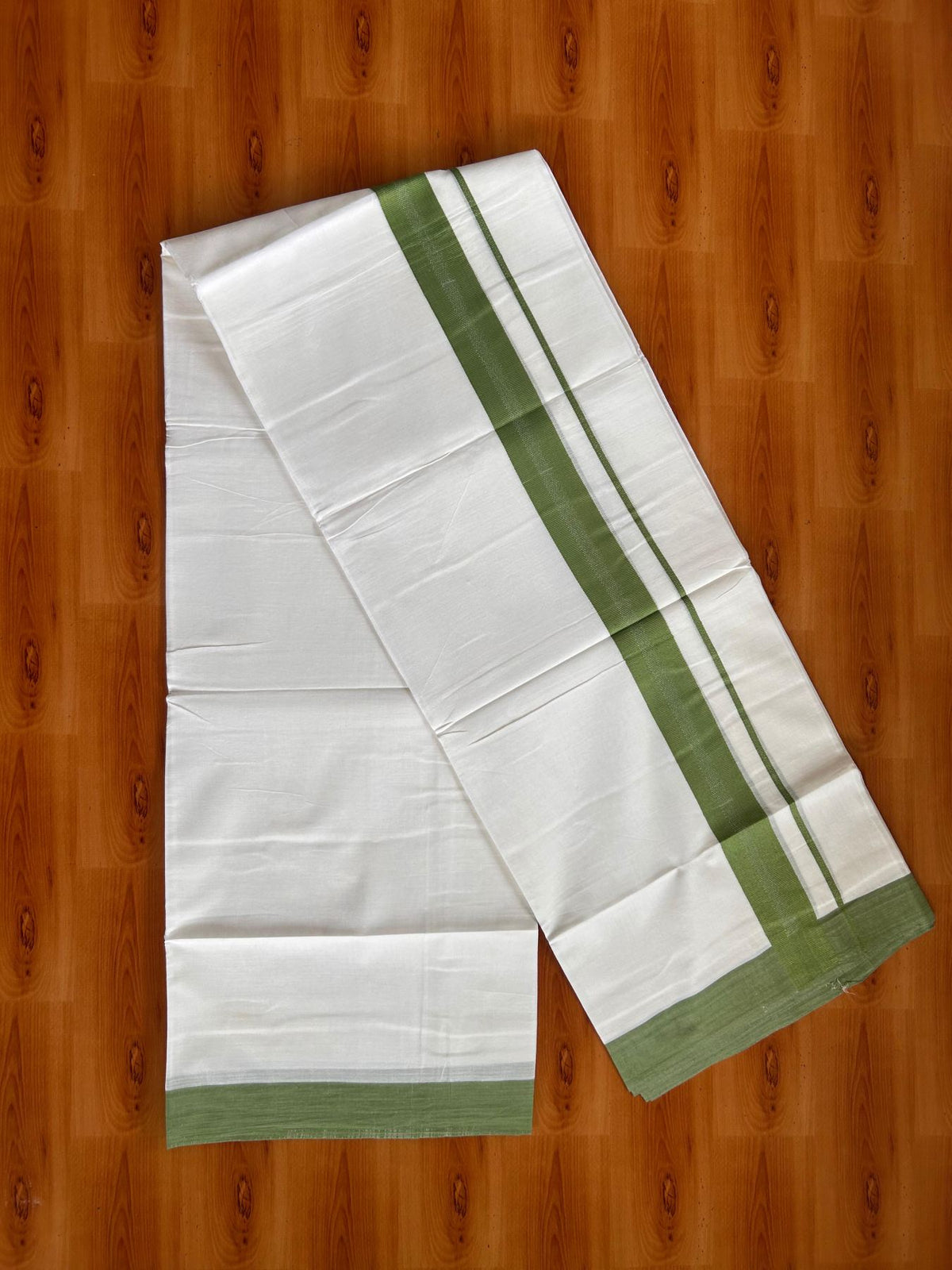 Pure White Double Mundu/Dhoti - 20% Discount ! Kaitharikada Pure Cotton - 100x80 - 1.5 inch Green striped Kara 3.80 mtr (8 muzham) - 76 KK5523 MC
