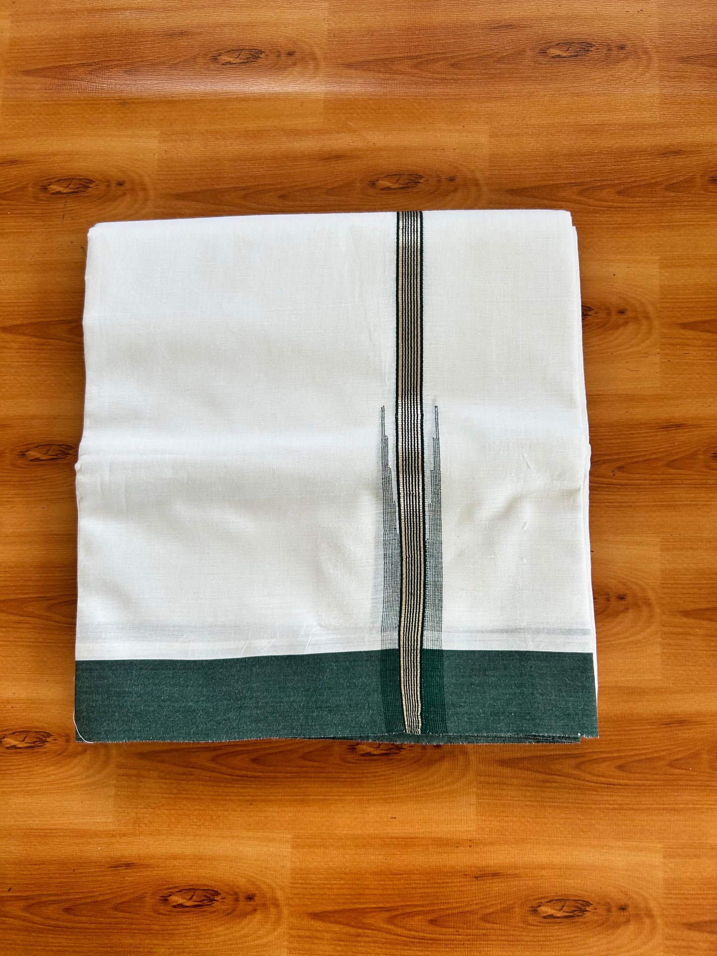 Double Pure White Mundu/Dhoti - 20% Discount !! KaithariKada Balaramapuram 100% Cotton - 100x80 - 1 inch Dark Green Silver Kasav Stripes Chutty Kara 3.90 mtr (8.5 muzham) - 9 KK5490 VAS