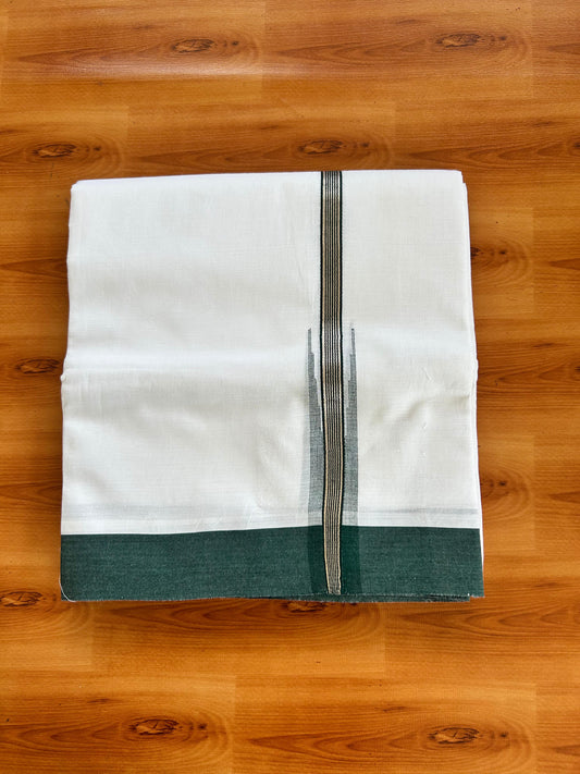Double Pure White Mundu/Dhoti - 20% Discount !! KaithariKada Balaramapuram 100% Cotton - 100x80 - 1 inch Dark Green Silver Kasav Stripes Chutty Kara 3.90 mtr (8.5 muzham) - 9 KK5490 VAS