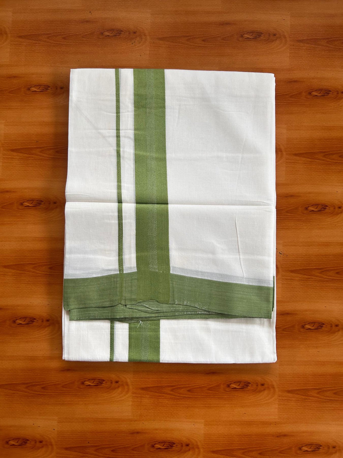 Pure White Double Mundu/Dhoti - 20% Discount ! Kaitharikada Pure Cotton - 100x80 - 1.5 inch Green striped Kara 3.80 mtr (8 muzham) - 76 KK5523 MC