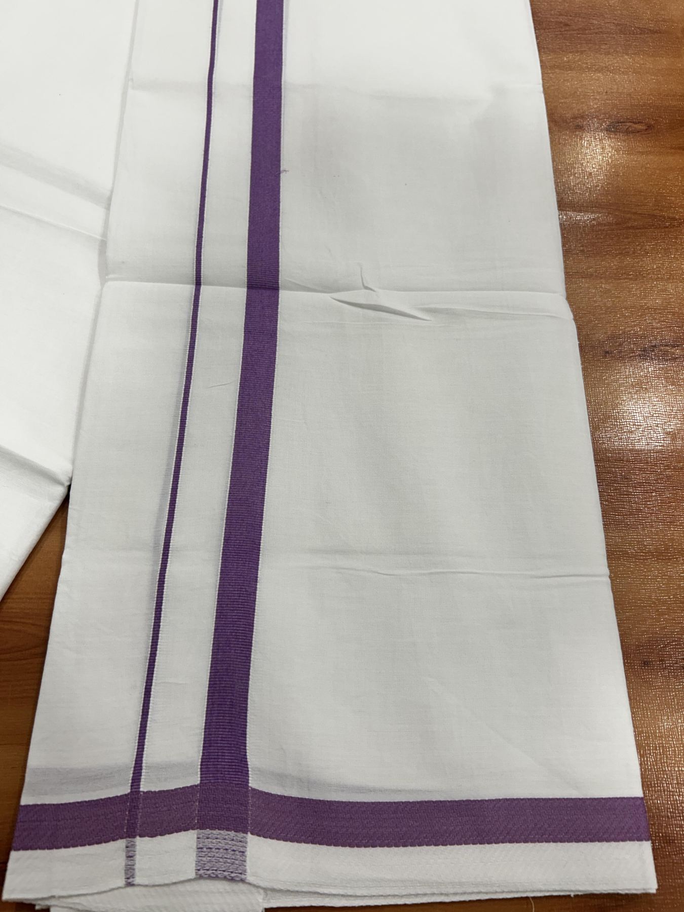 Single Pure White Mundu/Dhoti - KaithariKada Balaramapuram Pure Cotton - 70x30 - 0.5 Inch Violet Kara 1.90 mtr (4 muzham) - 3 KK5418 PMC
