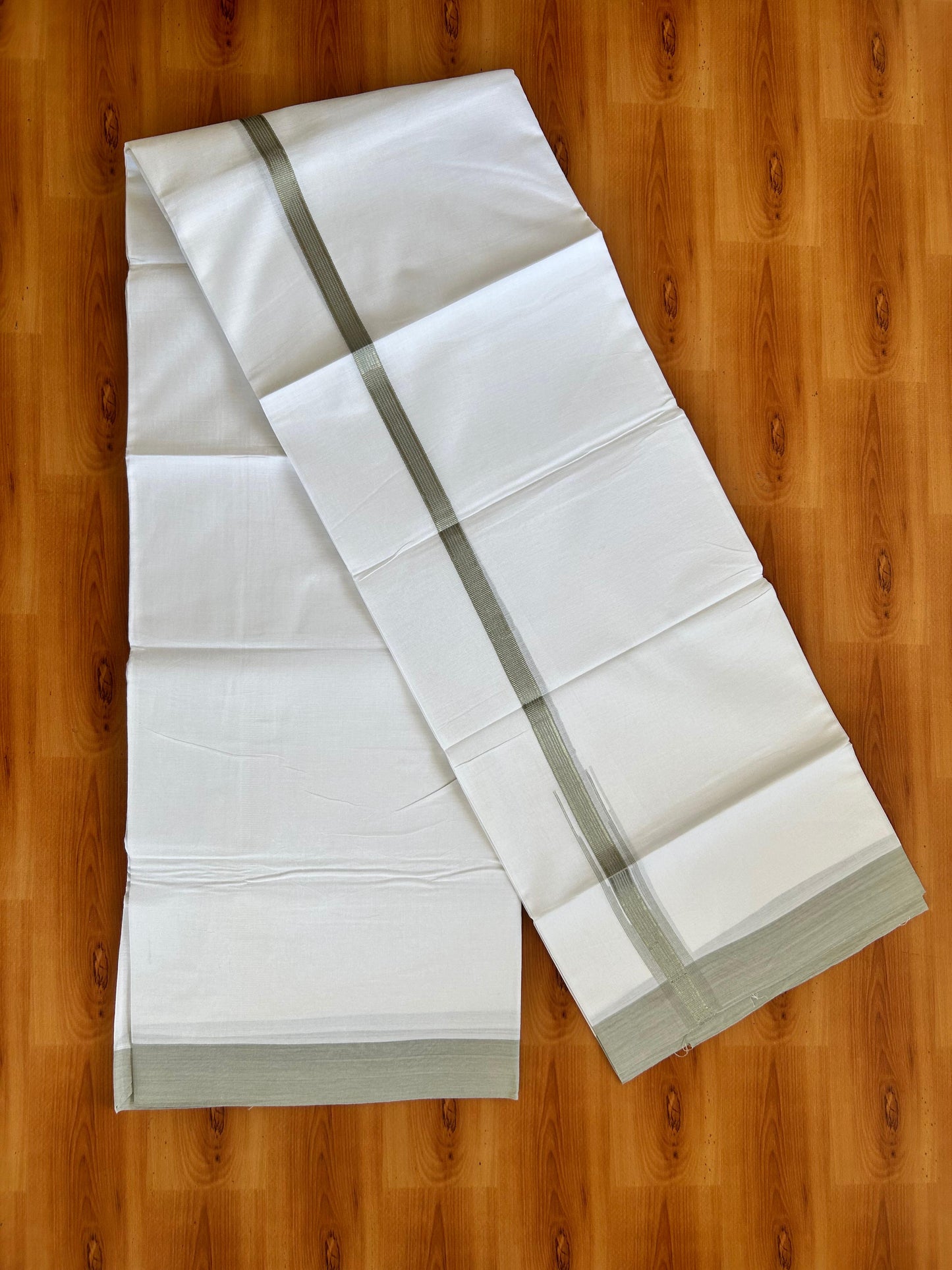 Double Pure White Mundu/Dhoti - 20% Discount !! KaithariKada Balaramapuram 100% Cotton - 100x80 - 1 inch Pista Green Silver Kasav Stripes Chutty Kara 3.90 mtr (8.5 muzham) - 7 KK5490 VAS