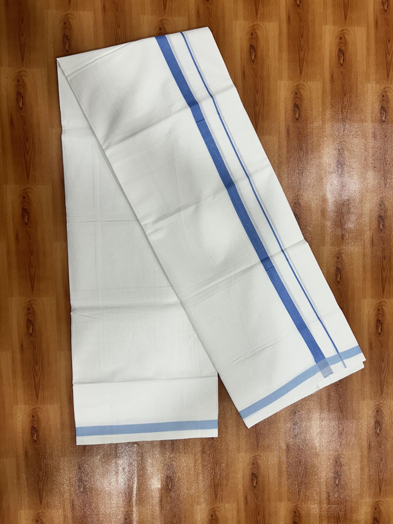 Single Pure White Mundu/Dhoti - KaithariKada Balaramapuram Pure Cotton - 70x30 - 0.5 Inch Light Blue Kara 1.90 mtr (4 muzham) - 2 KK5418 PMC