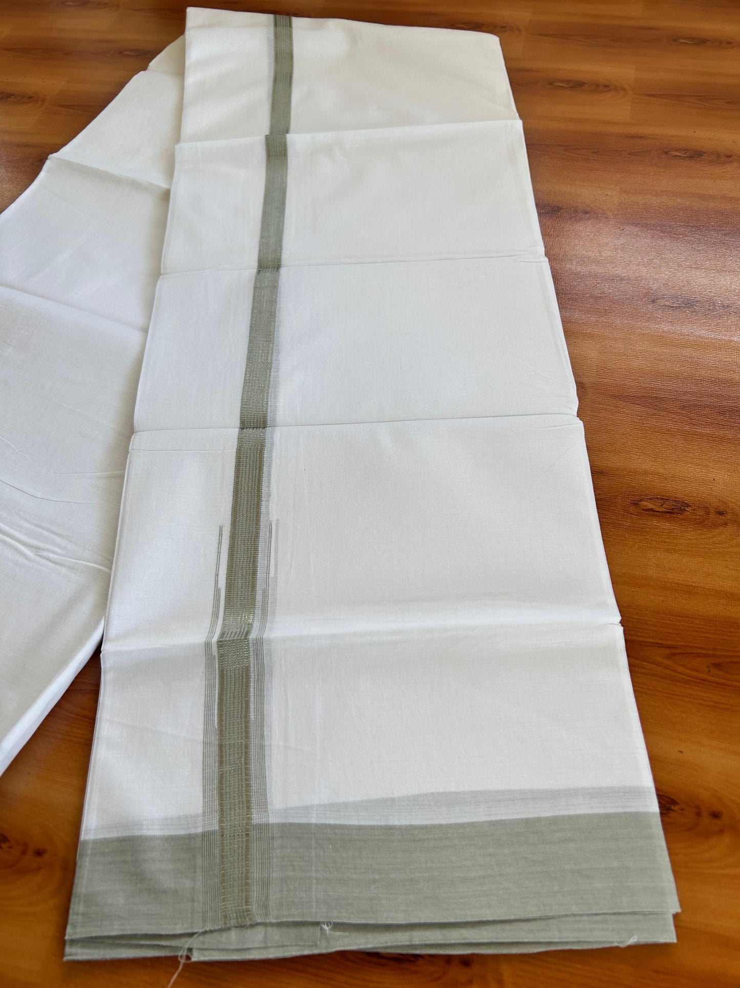 Double Pure White Mundu/Dhoti - 20% Discount !! KaithariKada Balaramapuram 100% Cotton - 100x80 - 1 inch Pista Green Silver Kasav Stripes Chutty Kara 3.90 mtr (8.5 muzham) - 7 KK5490 VAS
