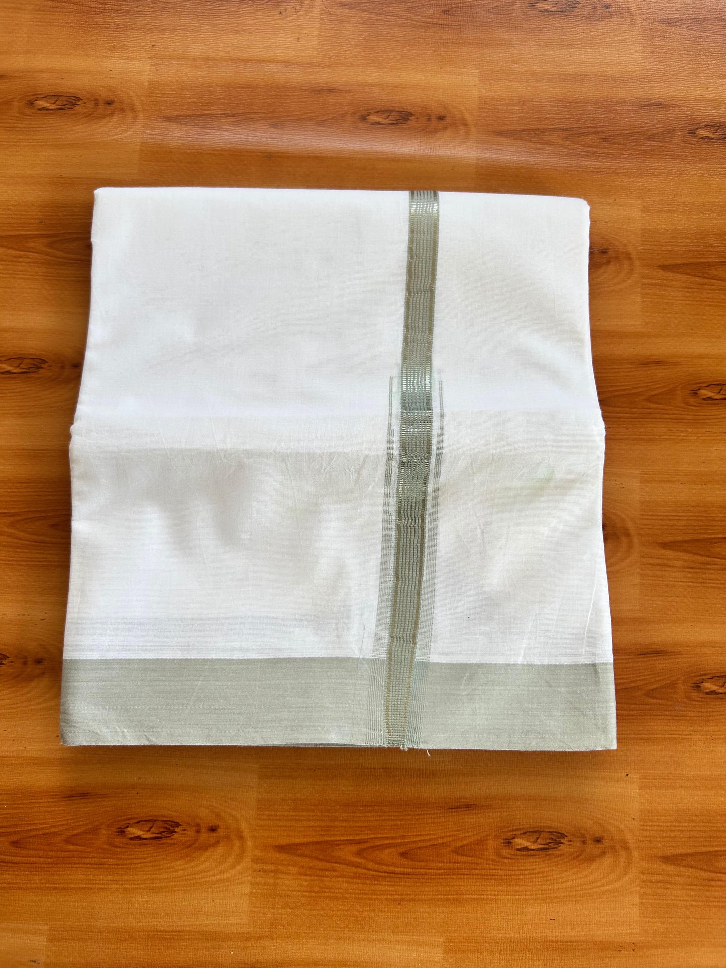 Double Pure White Mundu/Dhoti - 20% Discount !! KaithariKada Balaramapuram 100% Cotton - 100x80 - 1 inch Pista Green Silver Kasav Stripes Chutty Kara 3.90 mtr (8.5 muzham) - 7 KK5490 VAS