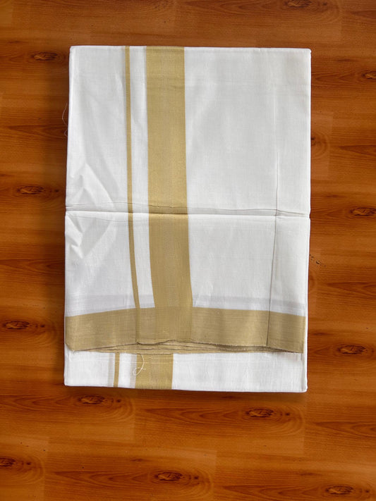 Pure White Double Mundu/Dhoti - 20% Discount ! Kaitharikada Pure Cotton - 100x80 - 1.5 inch Yellow Green striped Kara 3.80 mtr (8 muzham) - 81 KK5523 MC