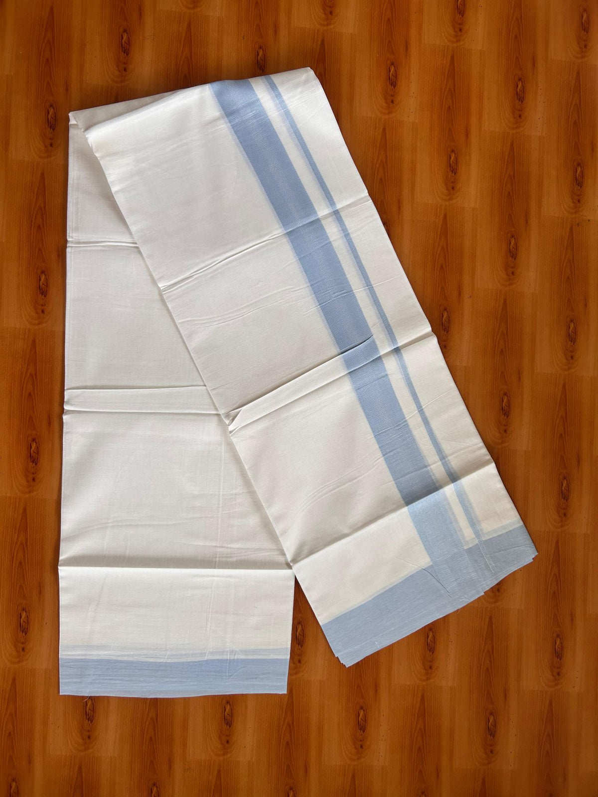 Pure White Double Mundu/Dhoti - 20% Discount ! Kaitharikada Pure Cotton - 100x80 - 1.5 inch Light Blue striped Kara 3.80 mtr (8 muzham) - 78 KK5523 MC