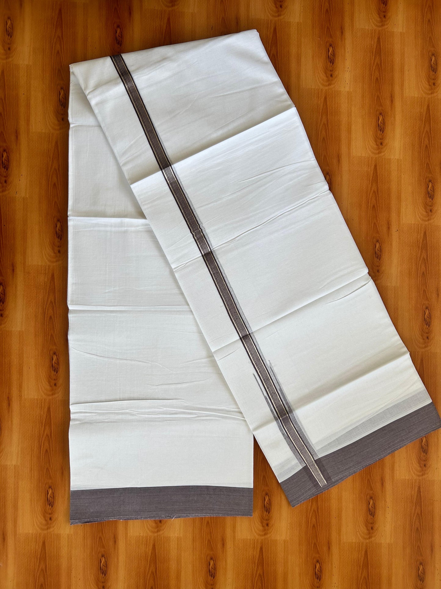 Double Pure White Mundu/Dhoti - 20% Discount !! KaithariKada Balaramapuram 100% Cotton - 100x80 - 1 inch Purple Ash Silver Kasav Stripes Chutty Kara 3.90 mtr (8.5 muzham) - 6 KK5490 VAS