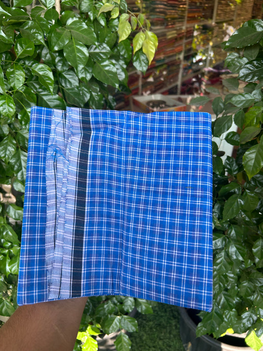 Premium Kathar Type Mund Pure cotton - Kaitharikada - Single Kaily / Lungi - 0.5 inch Black Border with Blue & Ash  Blue Check body (2.50 meter / 5.36 muzham) - 2 KK8050 MUT