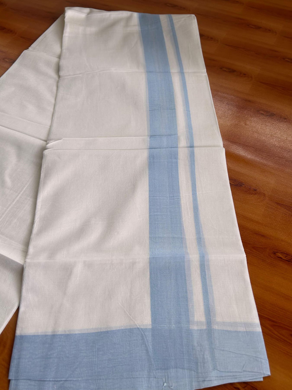 Pure White Double Mundu/Dhoti - 20% Discount ! Kaitharikada Pure Cotton - 100x80 - 1.5 inch Light Blue striped Kara 3.80 mtr (8 muzham) - 78 KK5523 MC