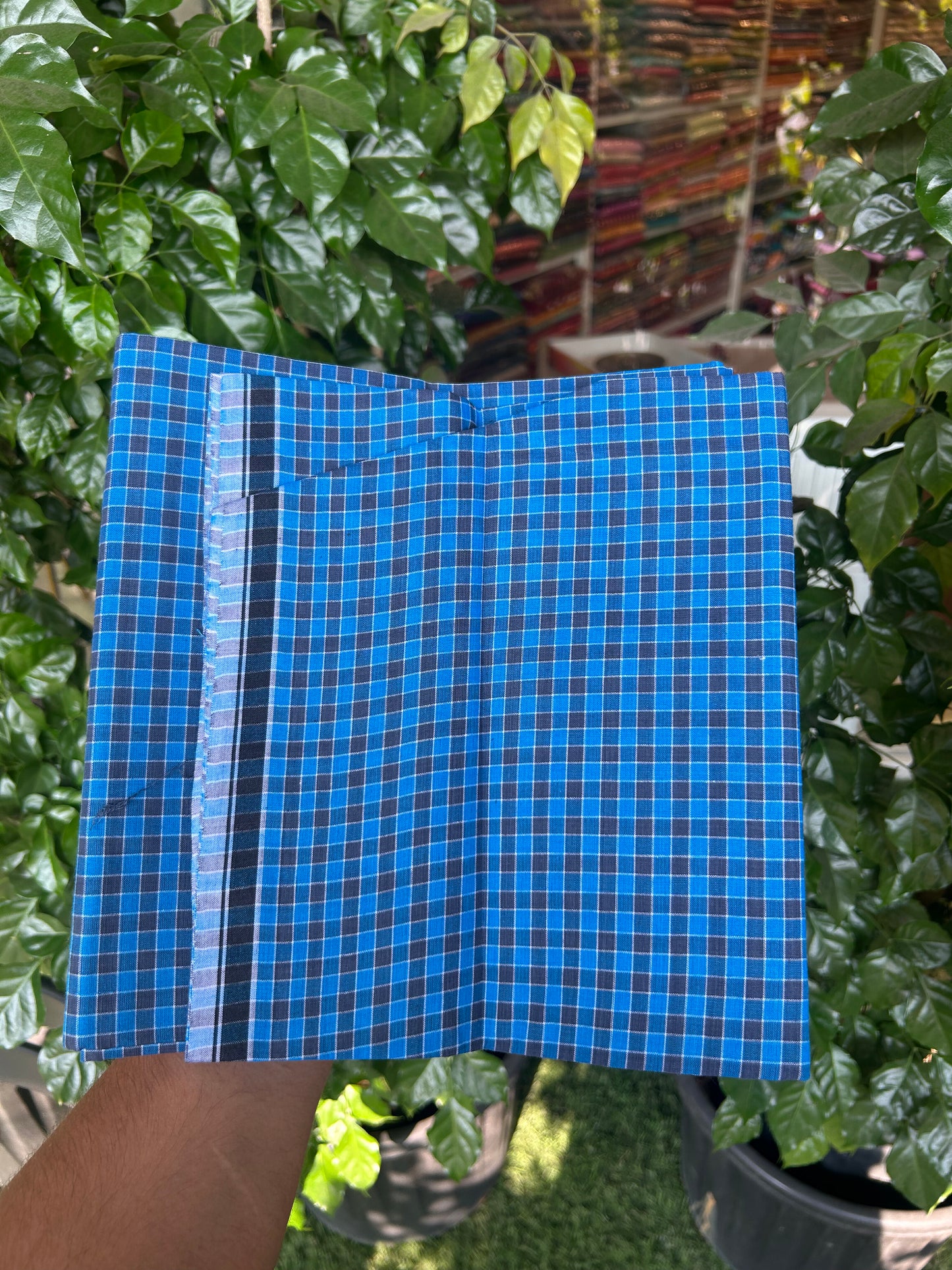 Premium Kathar Type Mund Pure cotton - Kaitharikada - Single Kaily / Lungi - 0.5 inch Black Border with Blue & Ash Black Check body (2.50 meter / 5.36 muzham) - 1 KK8050 MUT