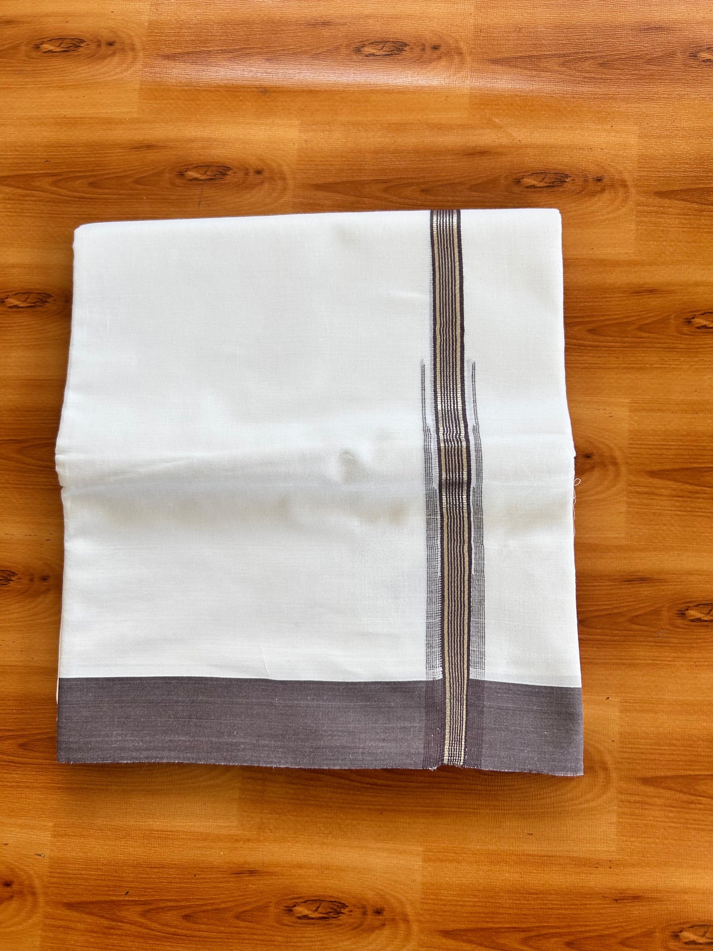 Double Pure White Mundu/Dhoti - 20% Discount !! KaithariKada Balaramapuram 100% Cotton - 100x80 - 1 inch Purple Ash Silver Kasav Stripes Chutty Kara 3.90 mtr (8.5 muzham) - 6 KK5490 VAS