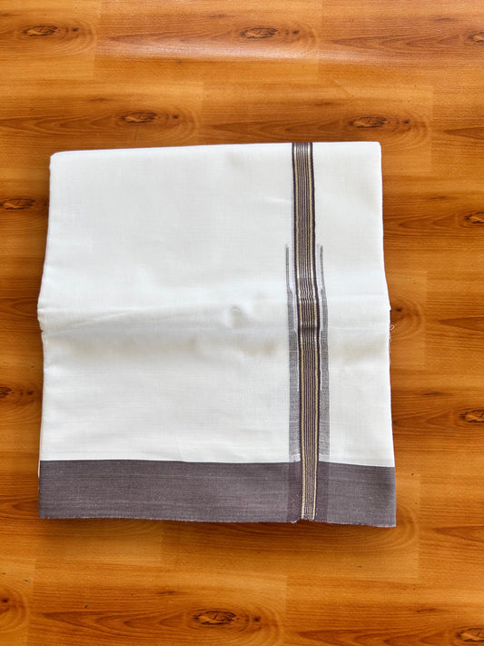 Double Pure White Mundu/Dhoti - 20% Discount !! KaithariKada Balaramapuram 100% Cotton - 100x80 - 1 inch  Ash Purple Silver Kasav Stripes Chutty Kara 3.90 mtr (8.5 muzham) - 6 KK5490 VAS