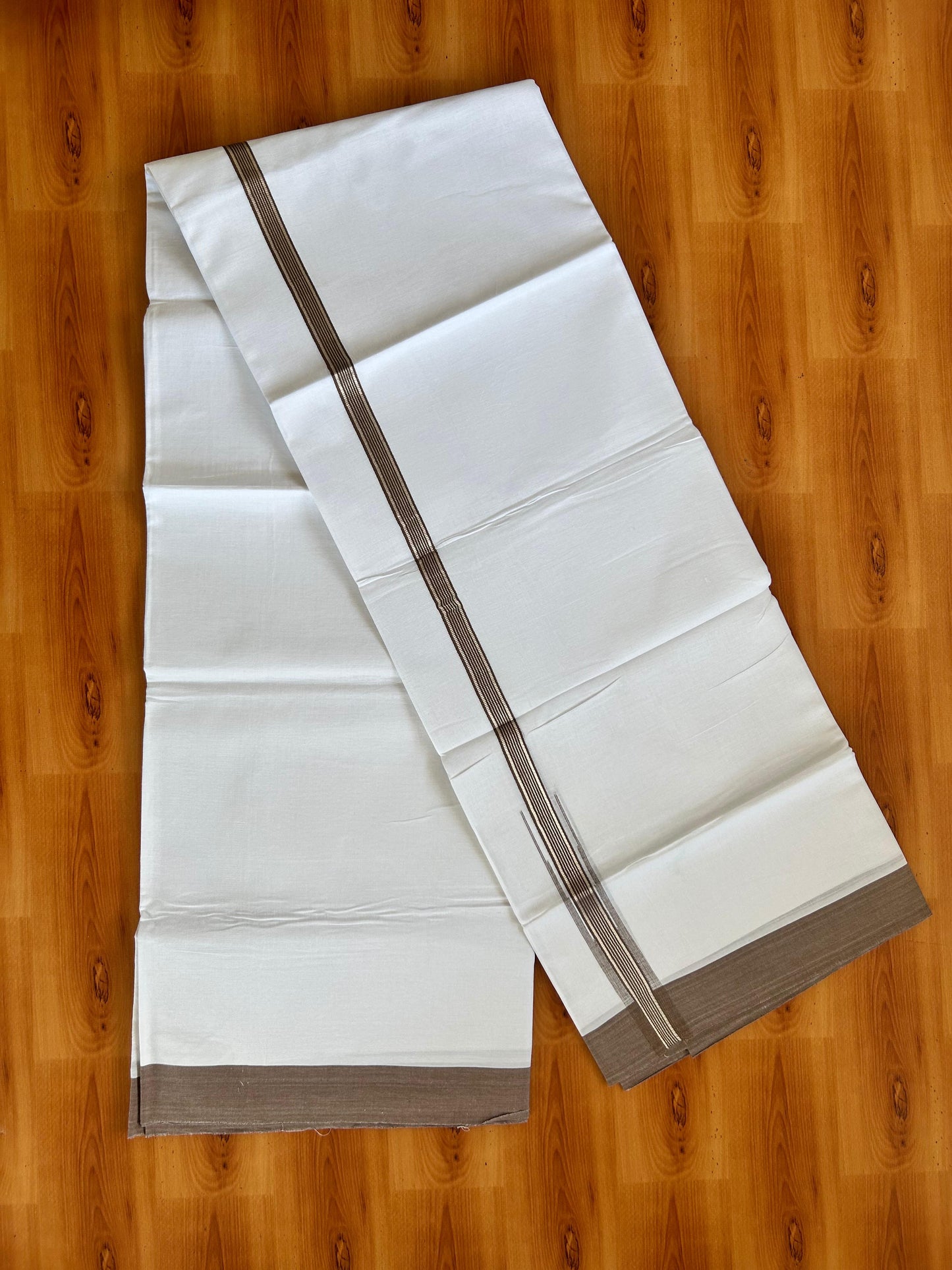 Double Pure White Mundu/Dhoti - 20% Discount !! KaithariKada Balaramapuram 100% Cotton - 100x80 - 1 inch Olive brown Silver Kasav Stripes Chutty Kara 3.90 mtr (8.5 muzham) - 5 KK5490 VAS