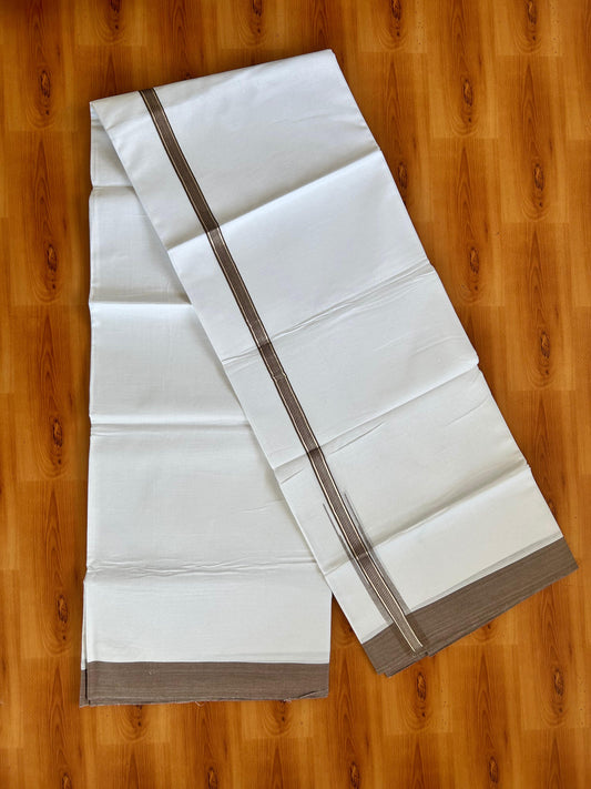 Double Pure White Mundu/Dhoti - 20% Discount !! KaithariKada Balaramapuram 100% Cotton - 100x80 - 1 inch Olive brown Silver Kasav Stripes Chutty Kara 3.90 mtr (8.5 muzham) - 5 KK5490 VAS