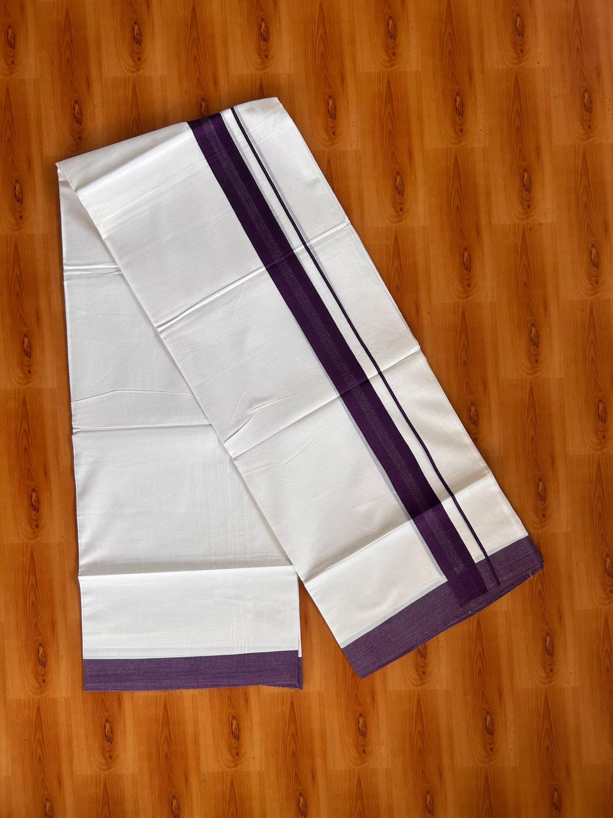 Pure White Double Mundu/Dhoti - 20% Discount ! Kaitharikada Pure Cotton - 100x80 - 1.5 inch Dark Purple striped Kara 3.80 mtr (8 muzham) - 77 KK5523 MC