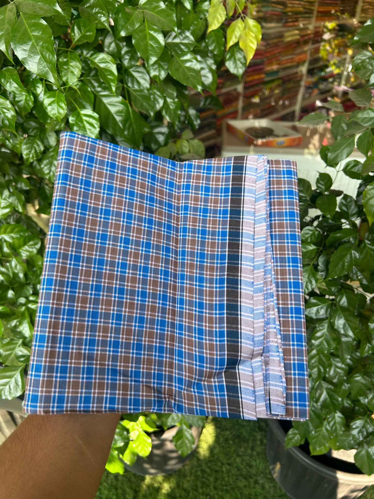 Premium Kathar Type Mund Pure cotton - Kaitharikada - Single Kaily / Lungi - 0.5 inch Black Border with Blue & Brown Check body (2.50 meter / 5.36 muzham) - 5 KK8050 MUT