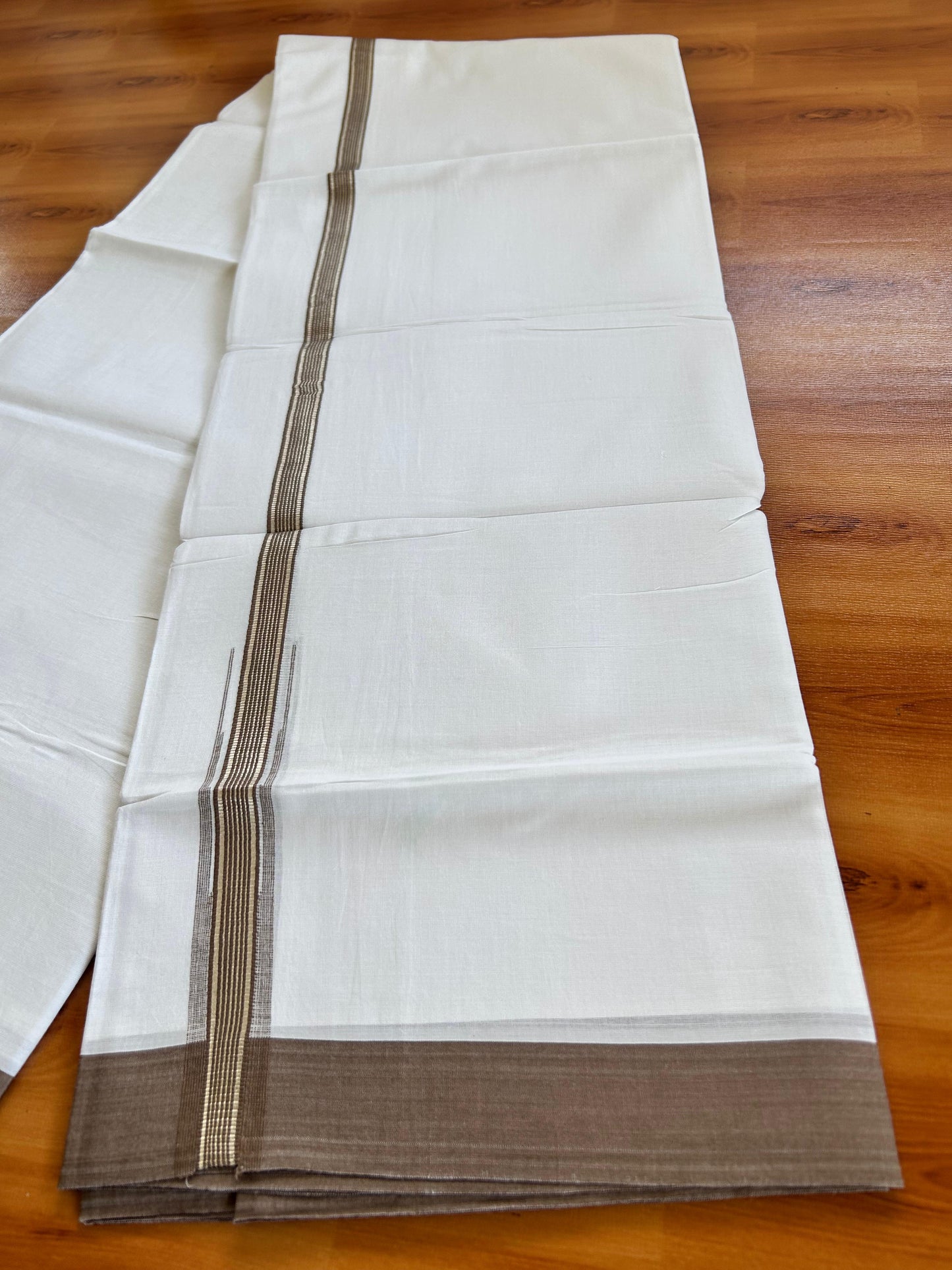 Double Pure White Mundu/Dhoti - 20% Discount !! KaithariKada Balaramapuram 100% Cotton - 100x80 - 1 inch Olive brown Silver Kasav Stripes Chutty Kara 3.90 mtr (8.5 muzham) - 5 KK5490 VAS