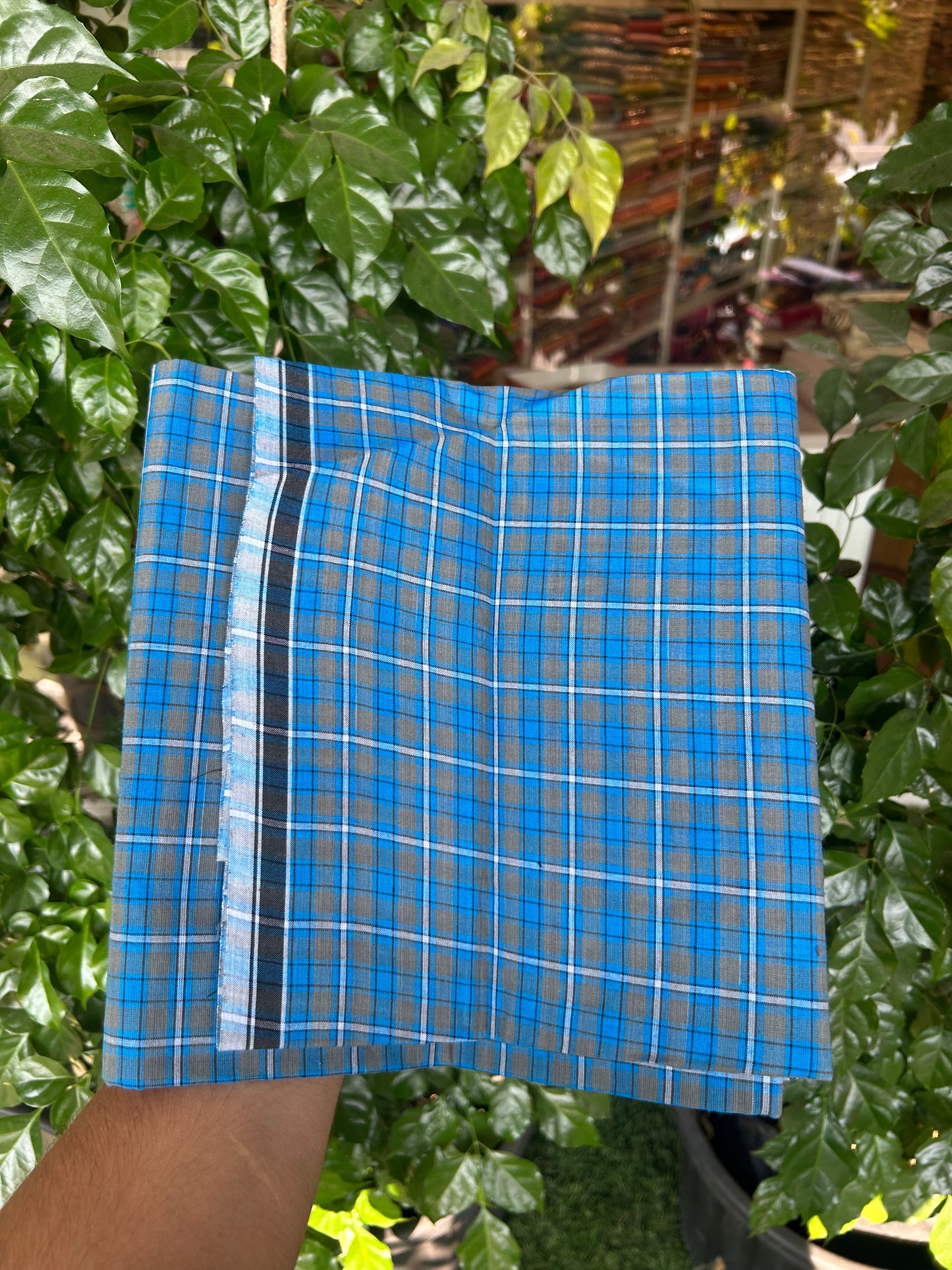 Premium Kathar Type Mund Pure cotton - Kaitharikada - Single Kaily / Lungi - 0.5 inch Black Border with Blue & Sand Brown Check body (2.50 meter / 5.36 muzham) - 6 KK8050 MUT