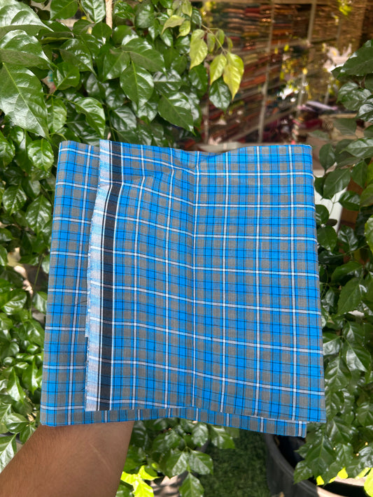Premium Kathar Type Mund Pure cotton - Kaitharikada - Single Kaily / Lungi - 0.5 inch Black Border with Blue & Sand Brown Check body (2.50 meter / 5.36 muzham) - 6 KK8050 MUT