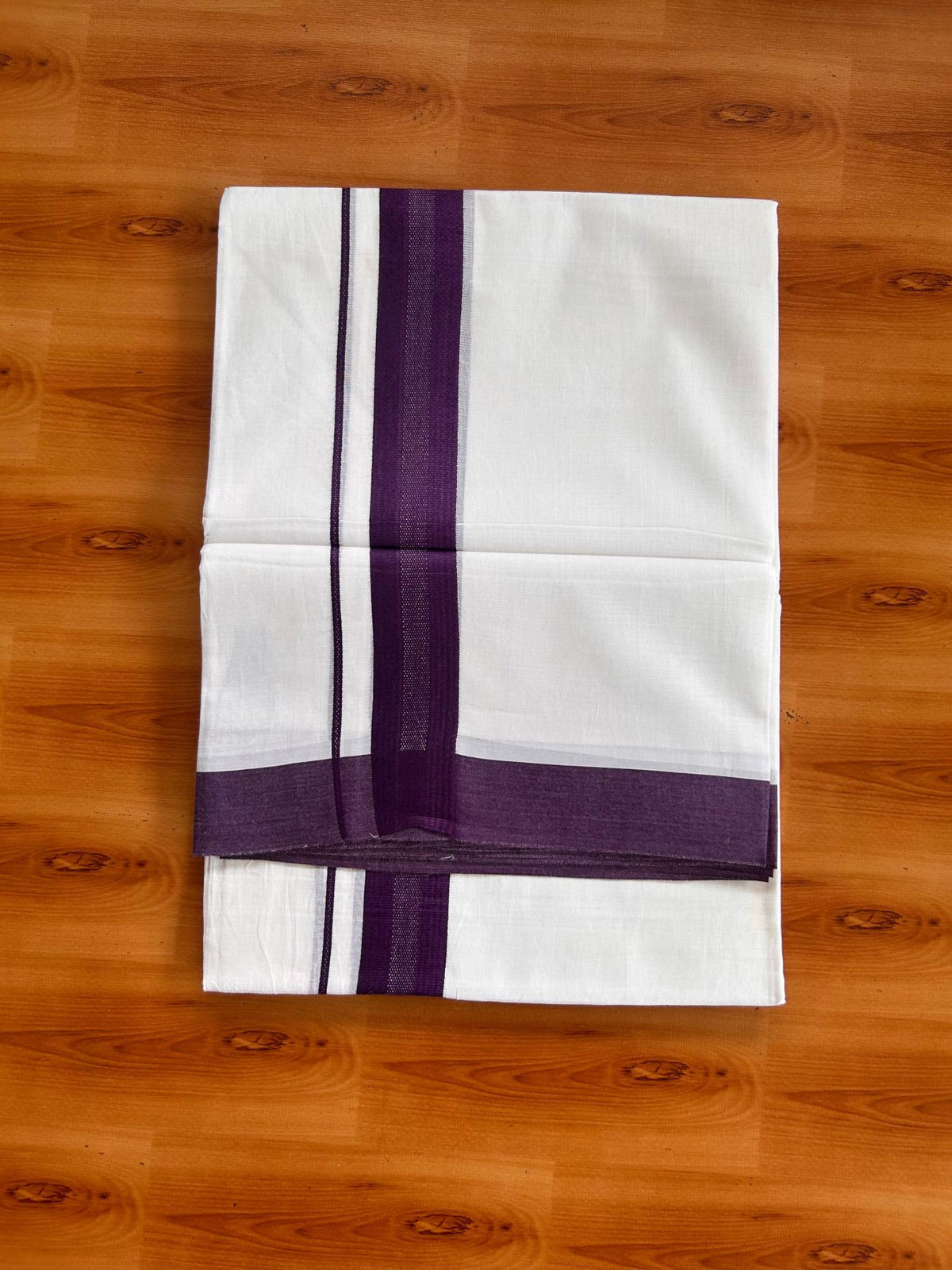 Pure White Double Mundu/Dhoti - 20% Discount ! Kaitharikada Pure Cotton - 100x80 - 1.5 inch Dark Purple striped Kara 3.80 mtr (8 muzham) - 77 KK5523 MC