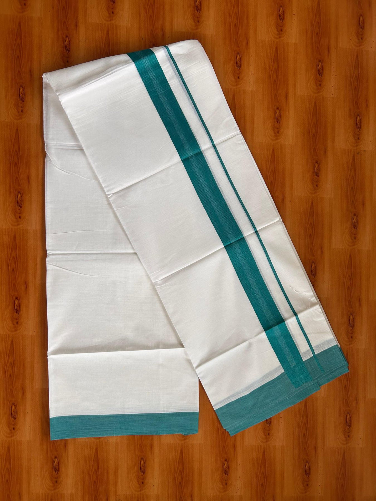 Pure White Double Mundu/Dhoti - 20% Discount ! Kaitharikada Pure Cotton - 100x80 - 1.5 inch Bluish Green striped Kara 3.80 mtr (8 muzham) - 74 KK5523 MC