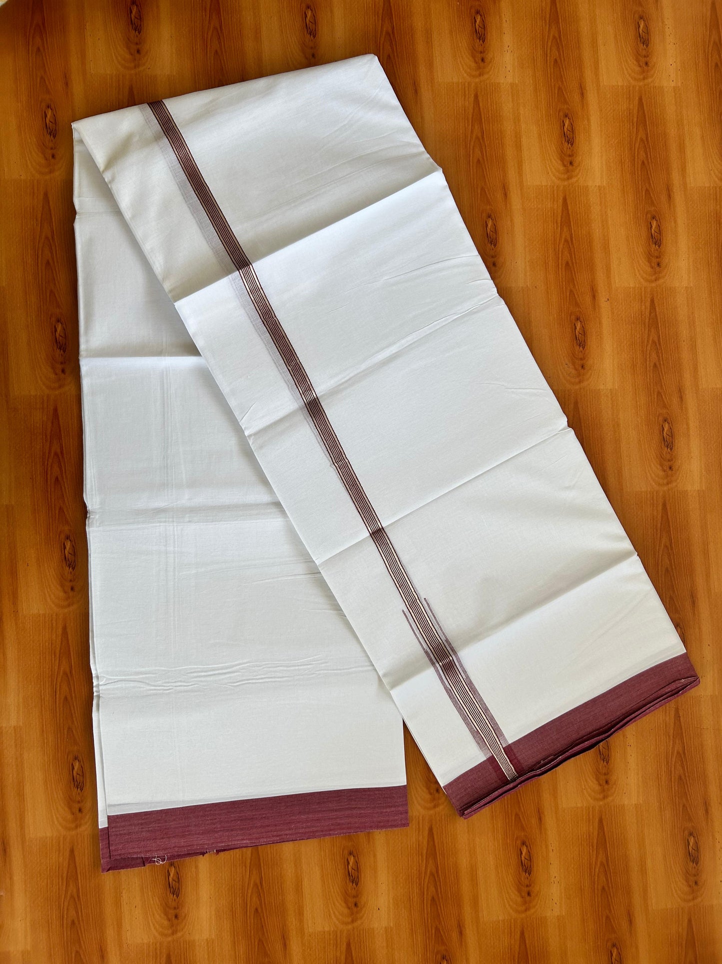 Double Pure White Mundu/Dhoti - 20% Discount !! KaithariKada Balaramapuram 100% Cotton - 100x80 - 1 inch Maroon Silver Kasav Stripes Chutty Kara 3.90 mtr (8.5 muzham) - 4 KK5490 VAS