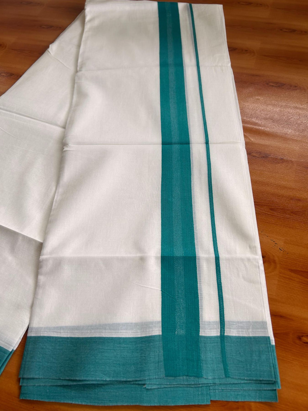 Pure White Double Mundu/Dhoti - 20% Discount ! Kaitharikada Pure Cotton - 100x80 - 1.5 inch Bluish Green striped Kara 3.80 mtr (8 muzham) - 74 KK5523 MC