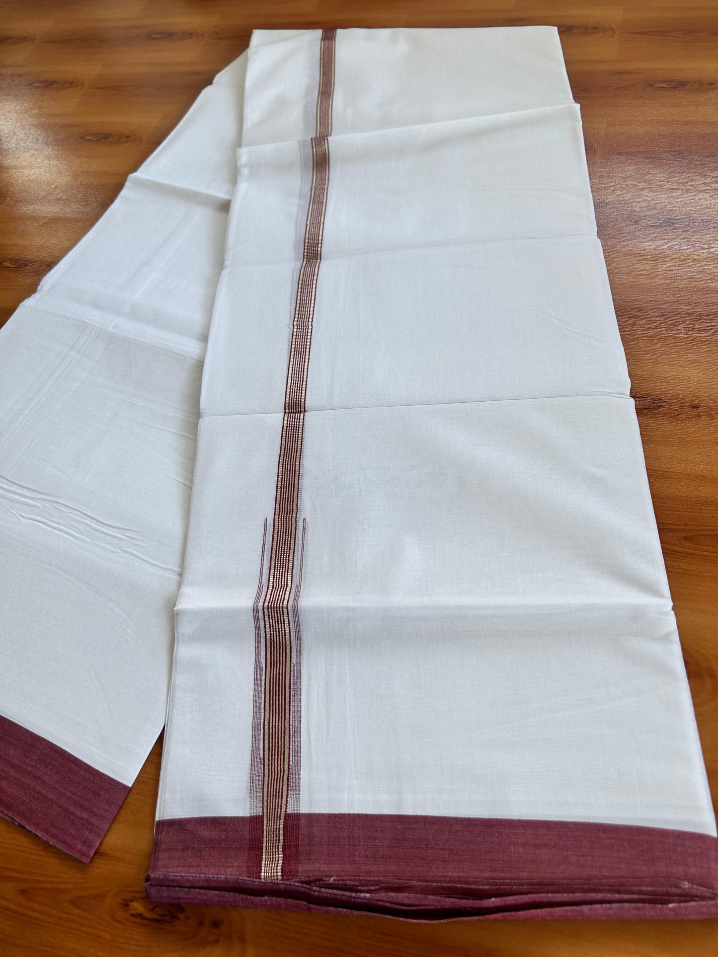 Double Pure White Mundu/Dhoti - 20% Discount !! KaithariKada Balaramapuram 100% Cotton - 100x80 - 1 inch Maroon Silver Kasav Stripes Chutty Kara 3.90 mtr (8.5 muzham) - 4 KK5490 VAS