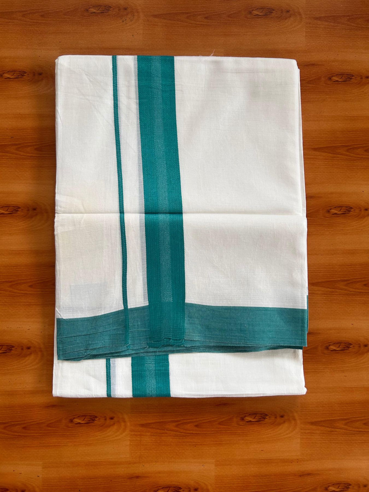 Pure White Double Mundu/Dhoti - 20% Discount ! Kaitharikada Pure Cotton - 100x80 - 1.5 inch Bluish Green striped Kara 3.80 mtr (8 muzham) - 74 KK5523 MC