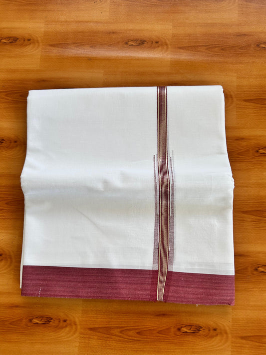 Double Pure White Mundu/Dhoti - 20% Discount !! KaithariKada Balaramapuram 100% Cotton - 100x80 - 1 inch Maroon Silver Kasav Stripes Chutty Kara 3.90 mtr (8.5 muzham) - 4 KK5490 VAS