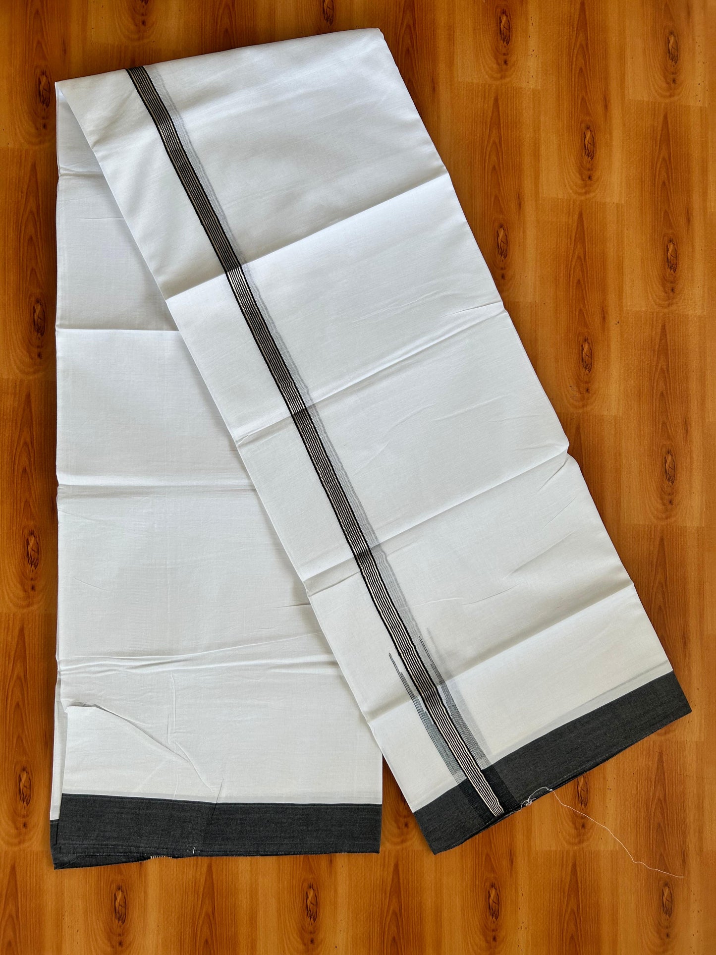 Double Pure White Mundu/Dhoti - 20% Discount !! KaithariKada Balaramapuram 100% Cotton - 100x80 - 1.25 inch  Silver Kasav & Black Striped Multicolour Chutty Kara 3.90 mtr (8.5 muzham) - 3 KK5490 VAS