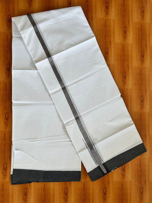 Double Pure White Mundu/Dhoti - 20% Discount !! KaithariKada Balaramapuram 100% Cotton - 100x80 - 1.25 inch  Silver Kasav & Black Striped Multicolour Chutty Kara 3.90 mtr (8.5 muzham) - 3 KK5490 VAS